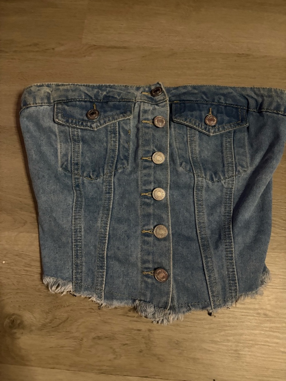 SHEIN Blue Denim Button-Front Strapless Crop Top